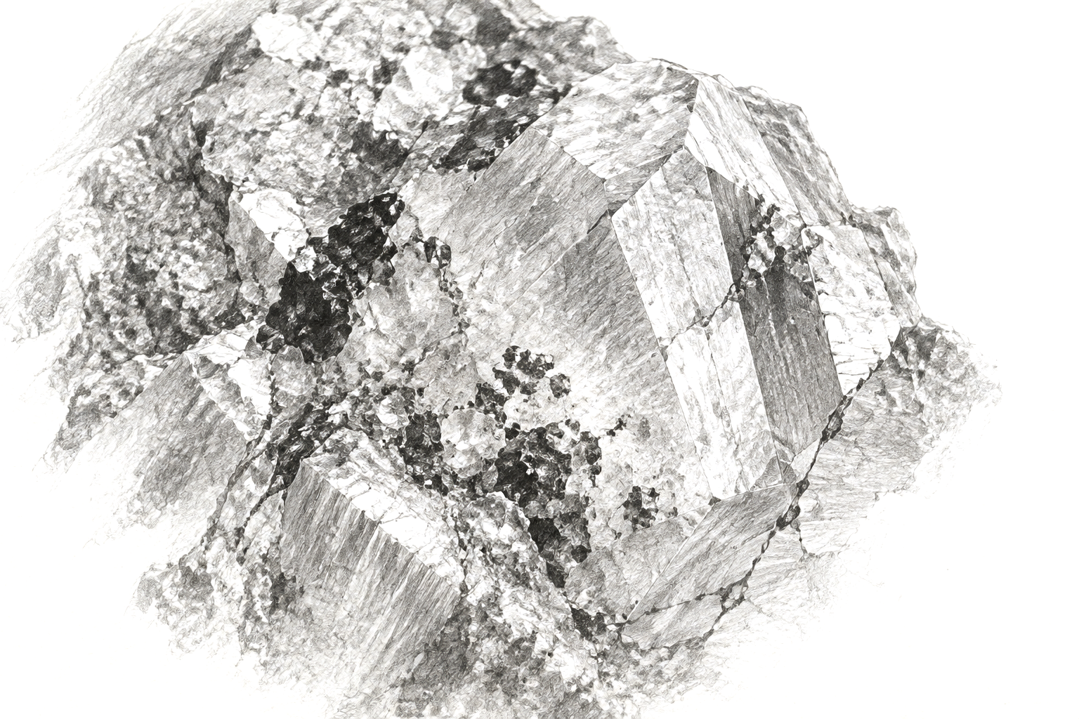 Macro graphite study of a mineral surface with crystalline facets and inclusions