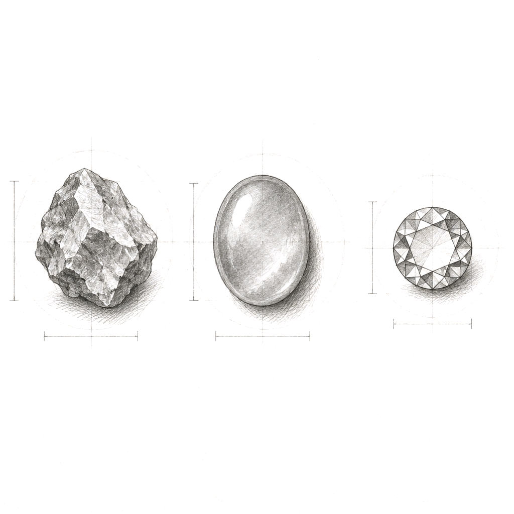 Graphite study of a raw stone, a polished cabochon and a faceted gem