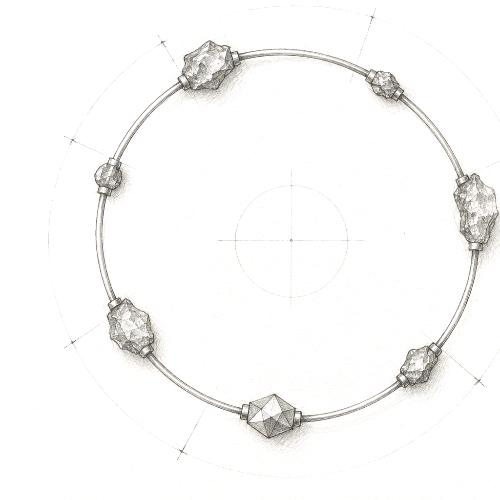 Bracelet construction study with rough stones on a thin circular frame