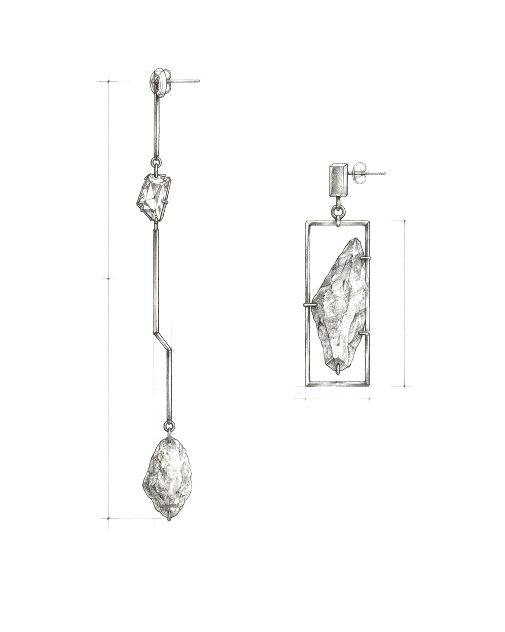 Asymmetric earring studies with geometric frames and irregular stones
