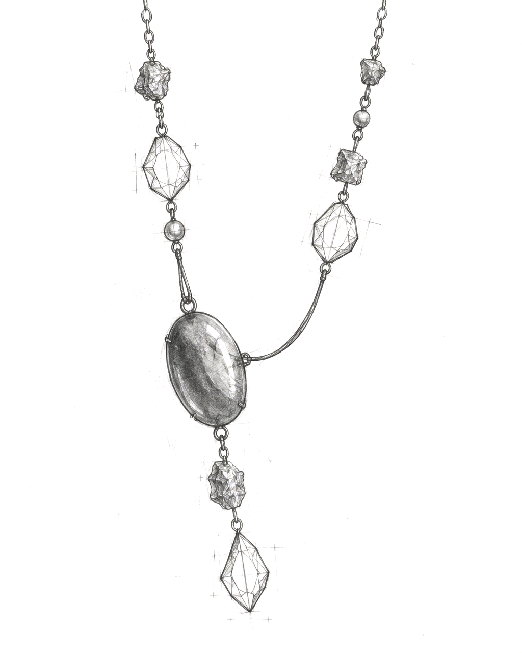 Pencil sketch of an asymmetric necklace combining rough and faceted stones